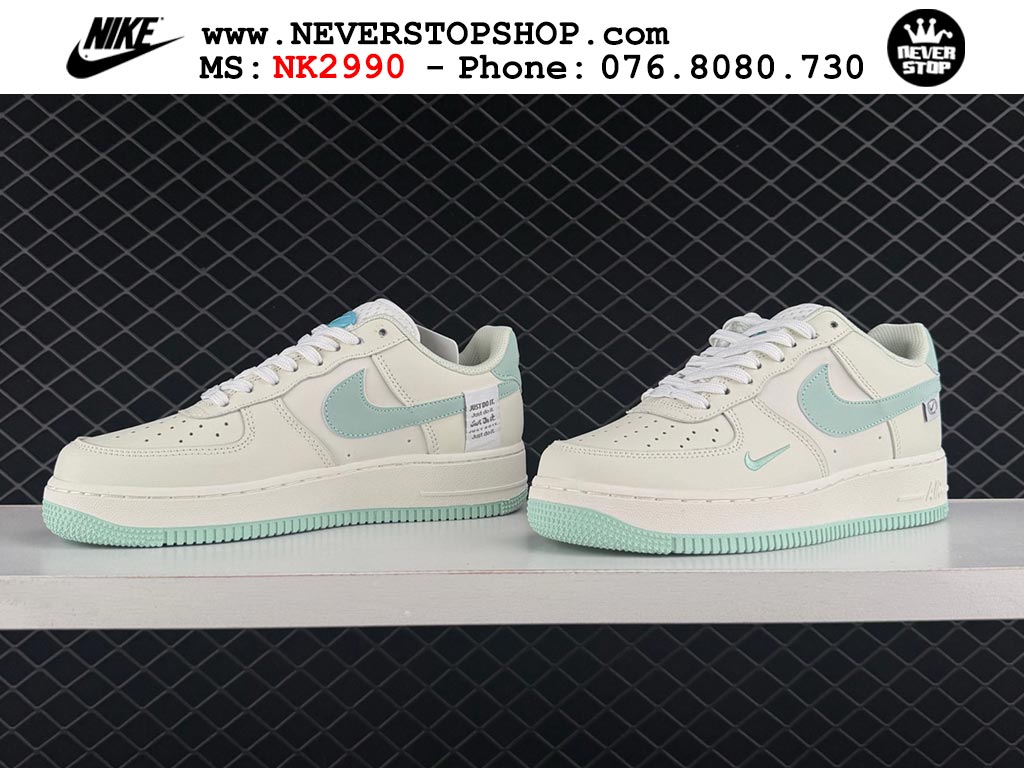 Giày sneaker Nike Air Force 1 Trắng Xanh Ngọc cổ thấp hàng siêu cấp 1:1 chuẩn chính hãng giá rẻ tại NeverStopShop.com Giày Nike Air Force 1 AF1 Low Trắng Xanh Ngọc giá tốt hàng chuẩn chất lượng cao loại đẹp replica 1:1 real tại NeverStopShop.com HCM