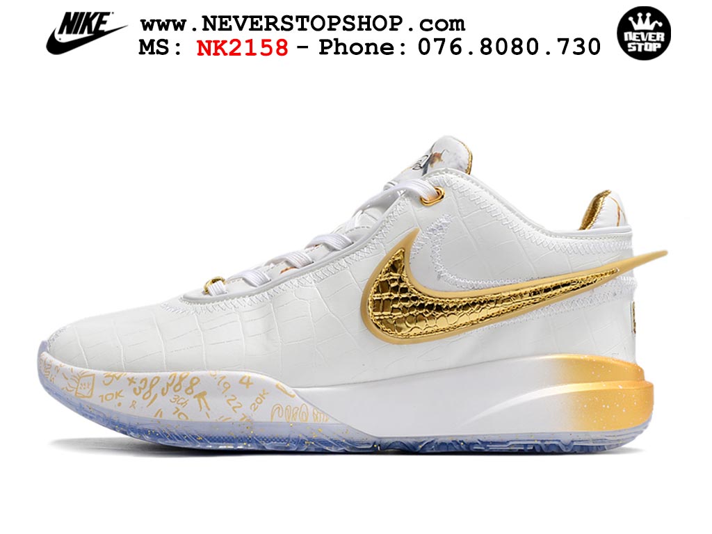 Giày bóng rổ cổ thấp Nike Lebron 20 Trắng Vàng nam chuyên outdoor replica 1:1 real chính hãng giá rẻ tốt nhất tại NeverStopShop.com HCM
