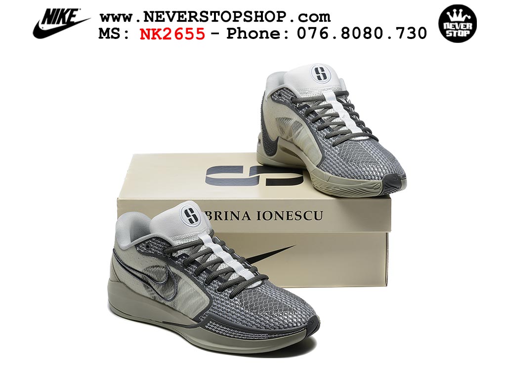 Giày bóng rổ cổ thấp Nike Sabrina 1 Xám Trắng indoor outdoor chuẩn replica 1:1 best batch như real chính hãng giá rẻ tốt nhất tại NeverStop Sneaker Shop HCM