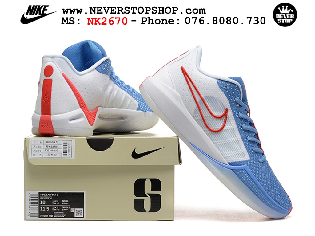 Giày bóng rổ cổ thấp Nike Sabrina 1 Trắng Xanh Dương indoor outdoor chuẩn replica 1:1 best batch như real chính hãng giá rẻ tốt nhất tại NeverStop Sneaker Shop HCM