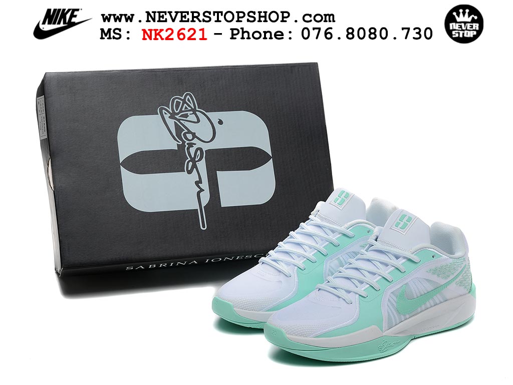 Giày bóng rổ cổ thấp Nike Sabrina 2 Trắng Xanh indoor outdoor chuẩn replica 1:1 best batch như real chính hãng giá rẻ tốt nhất tại NeverStop Sneaker Shop HCM