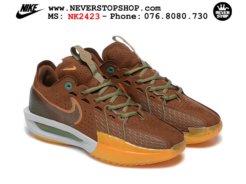 Giày bóng rổ cổ thấp Nike Zoom GT Cut 3 Nâu Trắng chuyên indoor outdoor replica 1:1 real chính hãng giá rẻ tốt nhất tại NeverStop Sneaker Shop Hồ Chí Minh