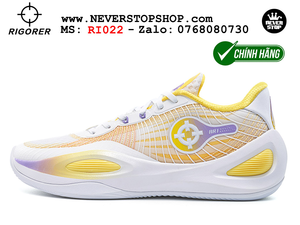 Giày chính hãng Rigorer AR 1 Trắng Vàng Austin Reaves authentic, đế traction rít bám sân chống mòn cực tốt NeverStopShop Giày bóng rổ Rigorer AR 1 Trắng Vàng original real chính hãng độ bám sân traction cực tốt cả indoor và outdoor NeverStopShop.com HCM