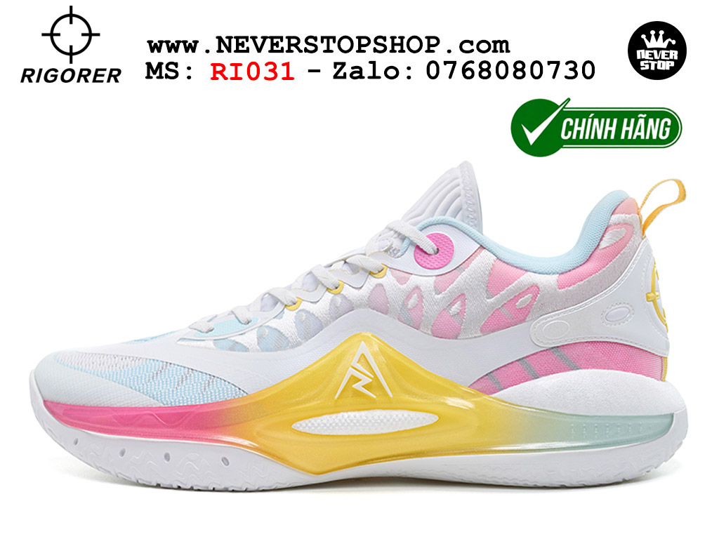 Giày chính hãng Rigorer AR 2 Trắng Hồng Vàng Austin Reaves authentic, siêu nhẹ êm đế bám sân chống mòn cực tốt NeverStopShop Giày bóng rổ Rigorer AR 2 Trắng Hồng Vàng original real chính hãng đế rít bám sân traction cực tốt cả indoor và outdoor NeverStopShop.com HCM