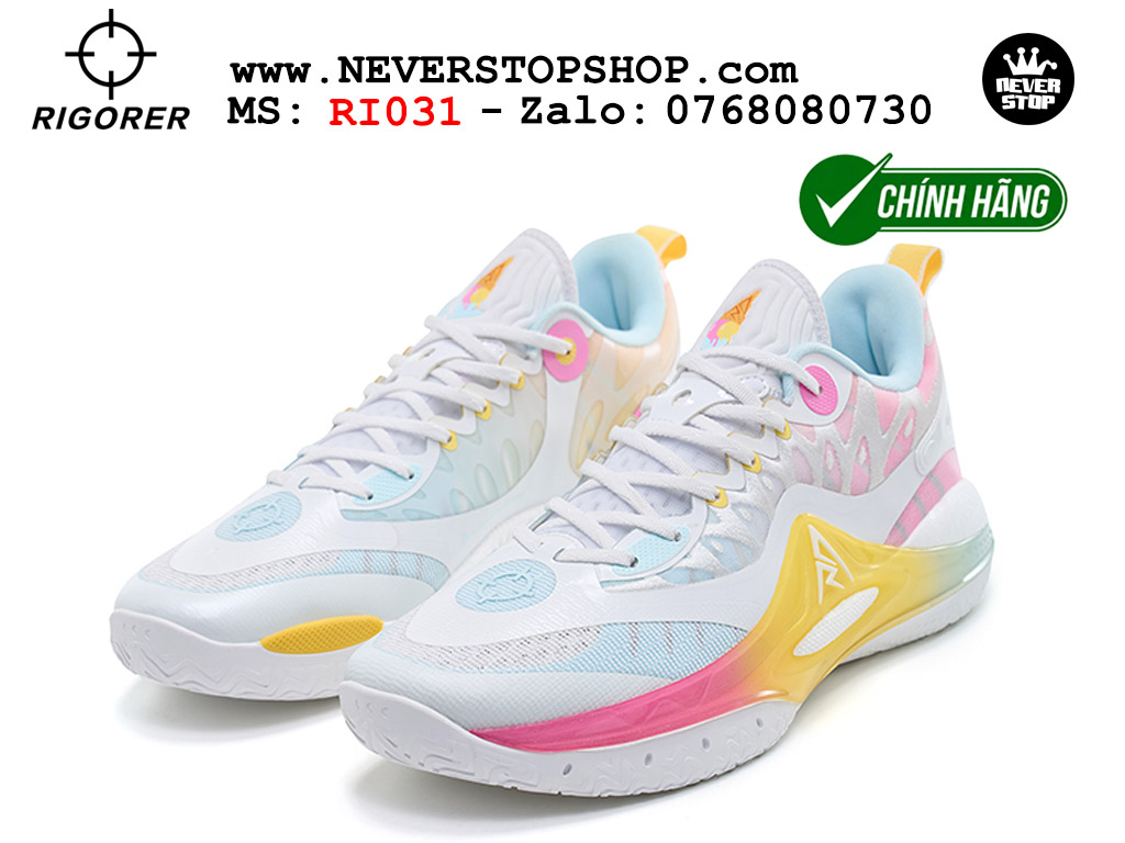 Giày chính hãng Rigorer AR 2 Trắng Hồng Vàng Austin Reaves authentic, siêu nhẹ êm đế bám sân chống mòn cực tốt NeverStopShop Giày bóng rổ Rigorer AR 2 Trắng Hồng Vàng original real chính hãng đế rít bám sân traction cực tốt cả indoor và outdoor NeverStopShop.com HCM