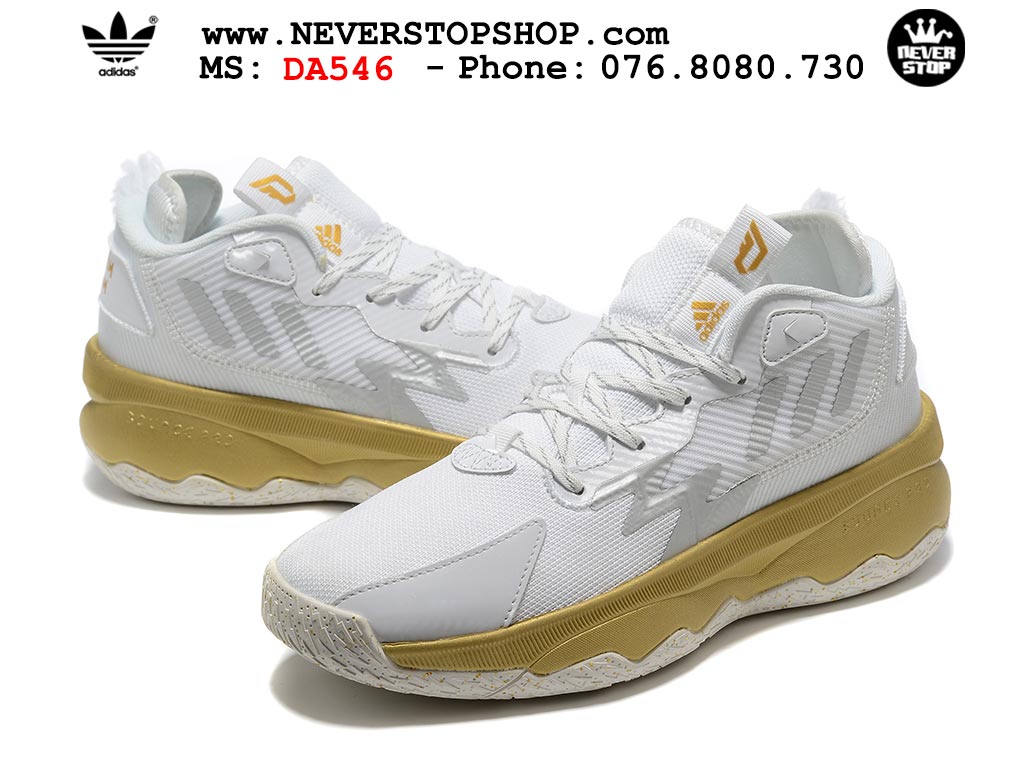 Giày bóng rổ cổ cao Adidas Dame 8 Trắng Vàng nam nữ hàng đẹp sfake replica 1:1 như chính hãng real giá rẻ tại NeverStop Sneaker Shop HCM