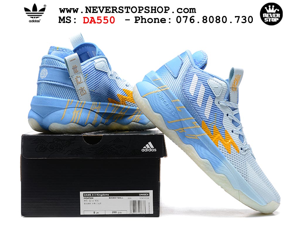 Giày bóng rổ cổ cao Adidas Dame 8 Xanh Dương Vàng nam nữ hàng đẹp sfake replica 1:1 như chính hãng real giá rẻ tại NeverStop Sneaker Shop HCM