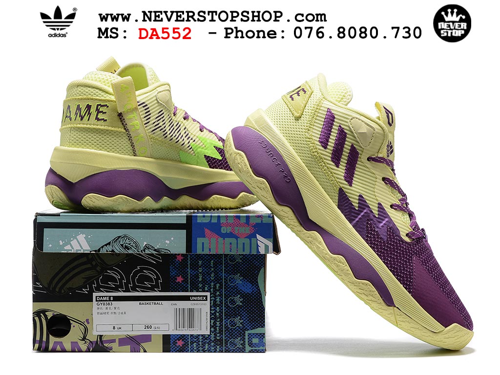 Giày bóng rổ cổ cao Adidas Dame 8 Vàng Tím nam nữ hàng đẹp sfake replica 1:1 như chính hãng real giá rẻ tại NeverStop Sneaker Shop HCM