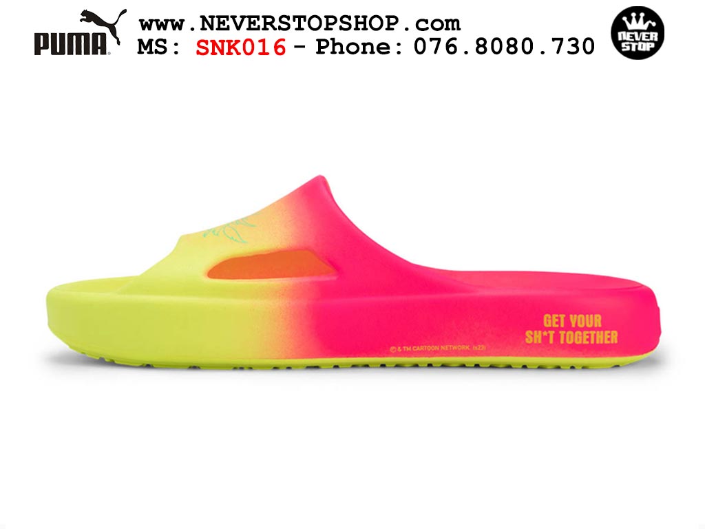 Dép nam nữ Puma Lamelo Ball MB 02 Slides Hồng Vàng cao su đúc nguyên khối hàng đẹp chuẩn siêu cấp sfake rep 1:1 như chính hãng real giá rẻ tại NeverStop Sneaker Shop HCM