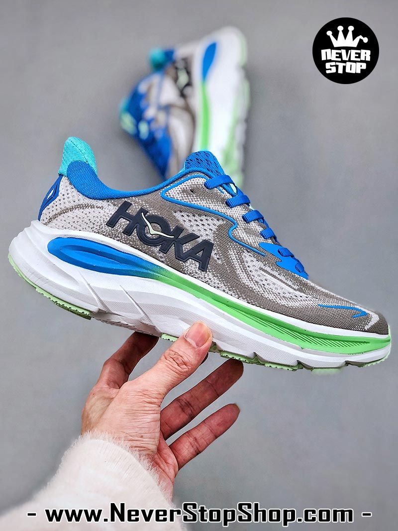 Giày chạy bộ nam nữ HOKA CLIFTON 10 GREY BLUE GREEN siêu nhẹ êm chân hàng chuẩn replica 1:1 siêu cấp, giá rẻ tốt nhất quận 3 HCM tại NeverStop Sneaker Shop” longdesc=