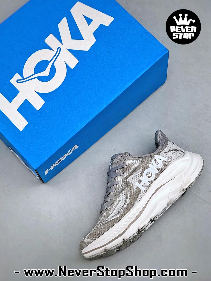 Giày chạy bộ nam nữ HOKA CLIFTON 10 GREY WHITE siêu nhẹ êm chân hàng chuẩn replica 1:1 siêu cấp, giá rẻ tốt nhất quận 3 HCM tại NeverStop Sneaker Shop” longdesc=