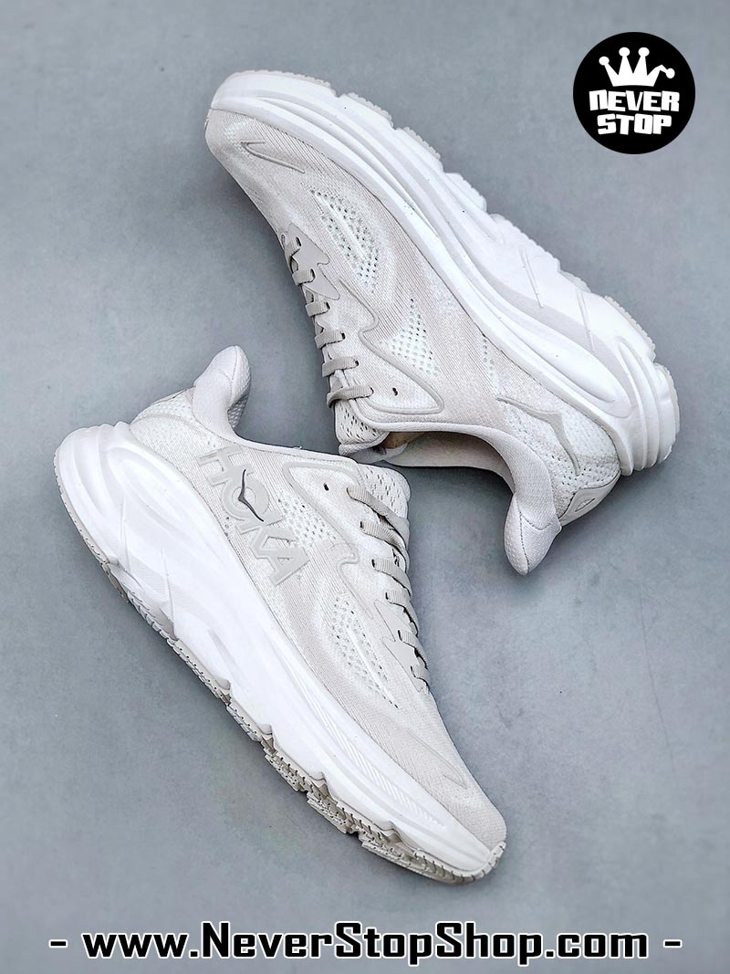 Giày chạy bộ nam nữ HOKA CLIFTON 10 WHITE SILVER siêu nhẹ êm chân hàng chuẩn replica 1:1 siêu cấp, giá rẻ tốt nhất quận 3 HCM tại NeverStop Sneaker Shop” longdesc=