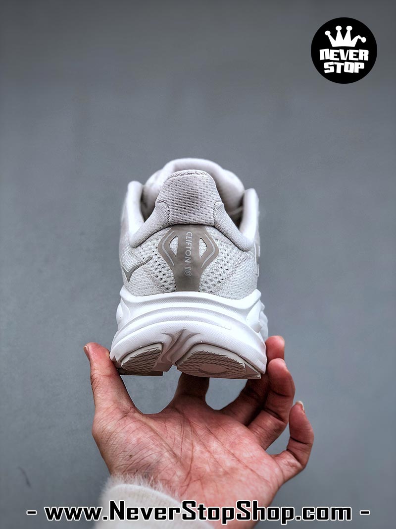 Giày chạy bộ nam nữ HOKA CLIFTON 10 WHITE SILVER siêu nhẹ êm chân hàng chuẩn replica 1:1 siêu cấp, giá rẻ tốt nhất quận 3 HCM tại NeverStop Sneaker Shop” longdesc=