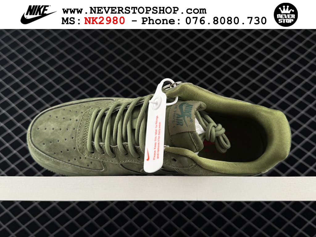 Giày thể thao nam nữ Nike Air Force 1 Low Xanh Oliu Đỏ bản best quality siêu cấp replica 1:1 giá rẻ tại NeverStop Sneaker Shop Quận 3 HCM