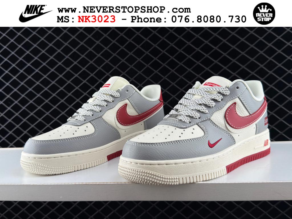Giày thể thao nam nữ Nike Air Force 1 Low Trắng Xám Đỏ bản best quality siêu cấp replica 1:1 giá rẻ tại NeverStop Sneaker Shop Quận 3 HCM