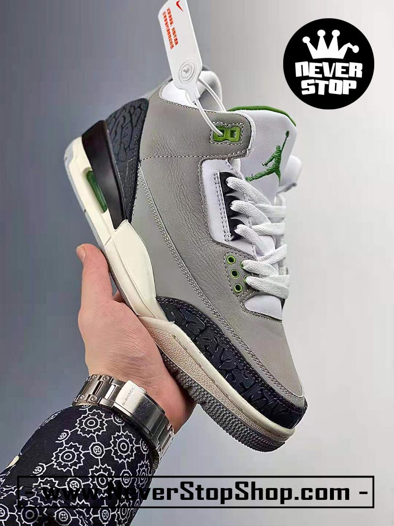 Giày bóng rổ Nike Jordan 3 Xám Xanh Lá bản đẹp chuẩn replica 1:1 authentic giá rẻ tại NeverStop Sneaker Shop Quận 3 HCM