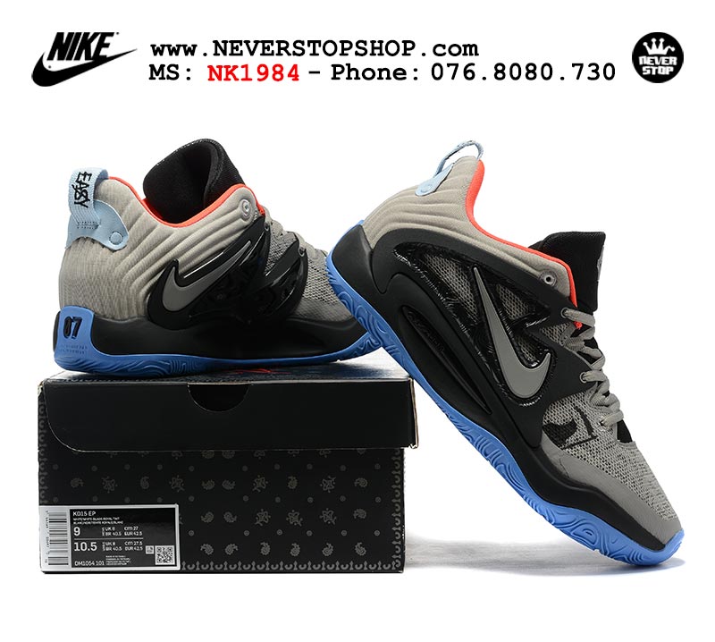 Giày bóng rổ nam Nike KD 15 Đen Xám Xanh bản đẹp chuẩn replica 1:1 authentic giá rẻ tại NeverStop Sneaker Shop Quận 3 HCM
