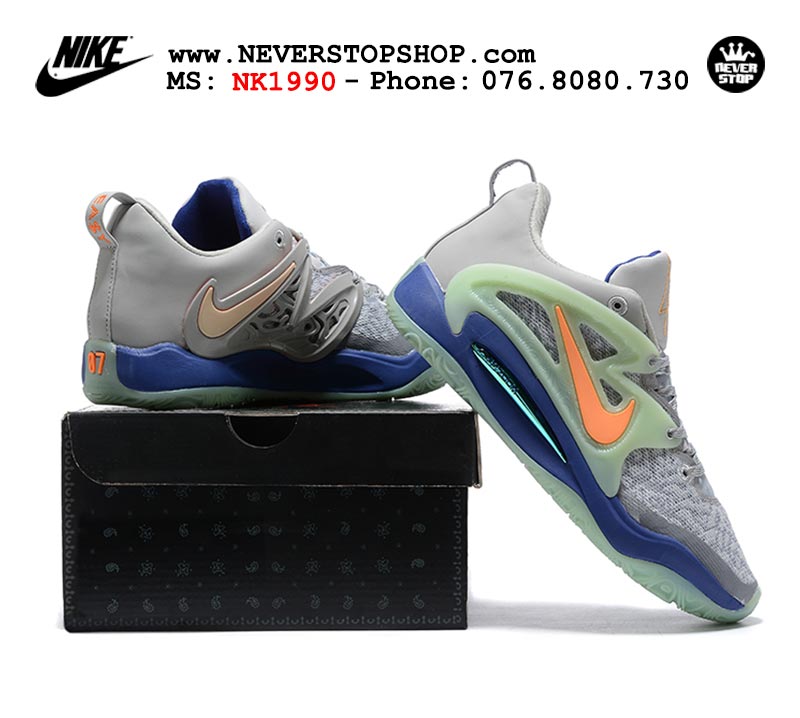 Giày bóng rổ nam Nike KD 15 Xám Xanh bản đẹp chuẩn replica 1:1 authentic giá rẻ tại NeverStop Sneaker Shop Quận 3 HCM