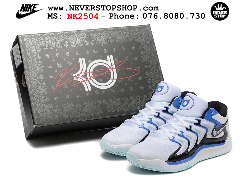 Giày bóng rổ nam Nike KD 17 Trắng Xanh Dương bản best quality đẹp chuẩn replica 1:1 authentic giá rẻ tại NeverStop Sneaker Shop Quận 3 HCM