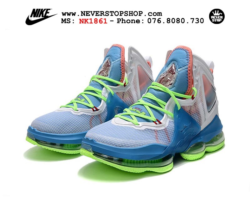 Giày bóng rổ Nike Lebron 19  Xanh Trắng nam hàng đẹp replica sfake giá rẻ tại NeverStop Sneaker Shop Quận 3 HCM
