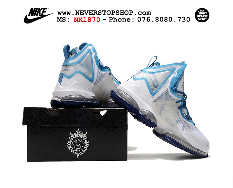 Giày bóng rổ Nike Lebron 19  Trắng Xanh nam hàng đẹp replica sfake giá rẻ tại NeverStop Sneaker Shop Quận 3 HCM