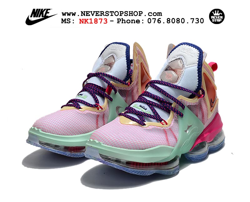 Giày bóng rổ Nike Lebron 19  Hồng Xanh nam hàng đẹp replica sfake giá rẻ tại NeverStop Sneaker Shop Quận 3 HCM