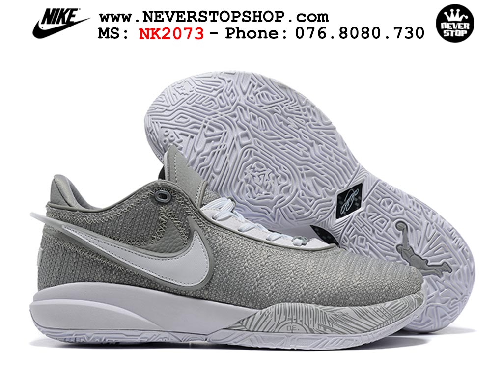 Giày bóng rổ nam Nike Lebron 20 Xám Trắng hàng đẹp siêu cấp replica 1:1 giá rẻ tại NeverStop Sneaker Shop Quận 3 HCM