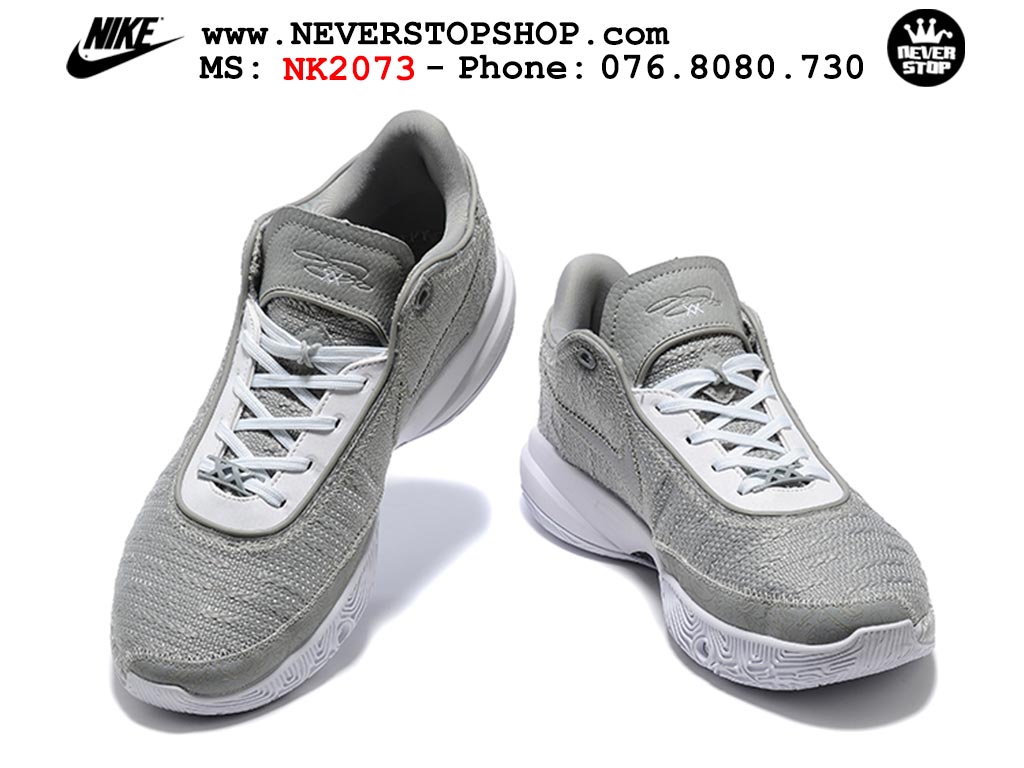 Giày bóng rổ nam Nike Lebron 20 Xám Trắng hàng đẹp siêu cấp replica 1:1 giá rẻ tại NeverStop Sneaker Shop Quận 3 HCM