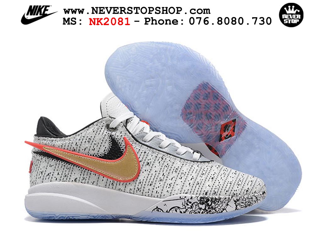 Giày bóng rổ nam Nike Lebron 20 Trắng Đen hàng đẹp siêu cấp replica 1:1 giá rẻ tại NeverStop Sneaker Shop Quận 3 HCM