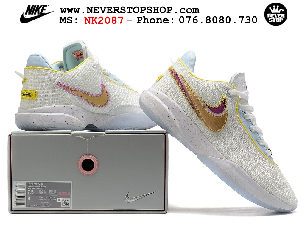 Giày bóng rổ nam Nike Lebron 20 Trắng Vàng hàng đẹp siêu cấp replica 1:1 giá rẻ tại NeverStop Sneaker Shop Quận 3 HCM