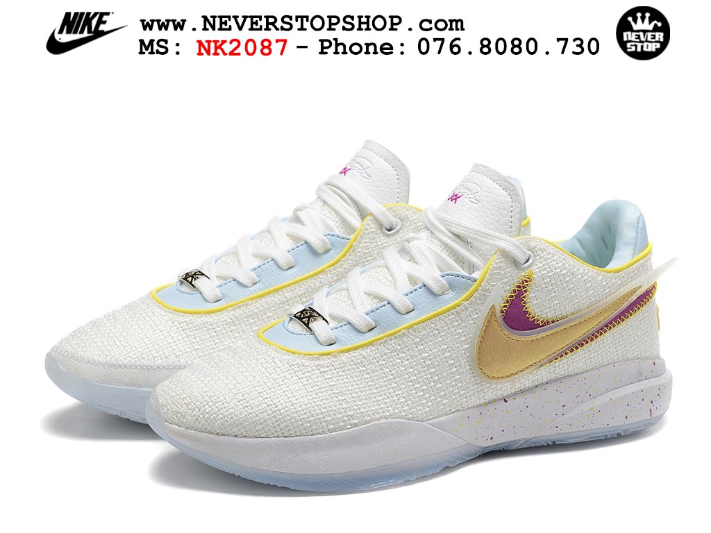 Giày bóng rổ nam Nike Lebron 20 Trắng Vàng hàng đẹp siêu cấp replica 1:1 giá rẻ tại NeverStop Sneaker Shop Quận 3 HCM