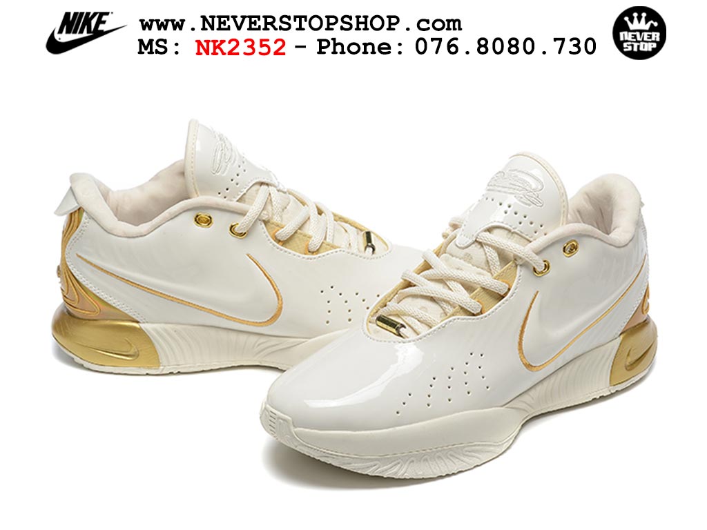 Giày bóng rổ nam Nike Lebron 21 Trắng Vàng hàng đẹp siêu cấp like auth replica 1:1 giá rẻ tại NeverStop Sneaker Shop Quận 3 HCM