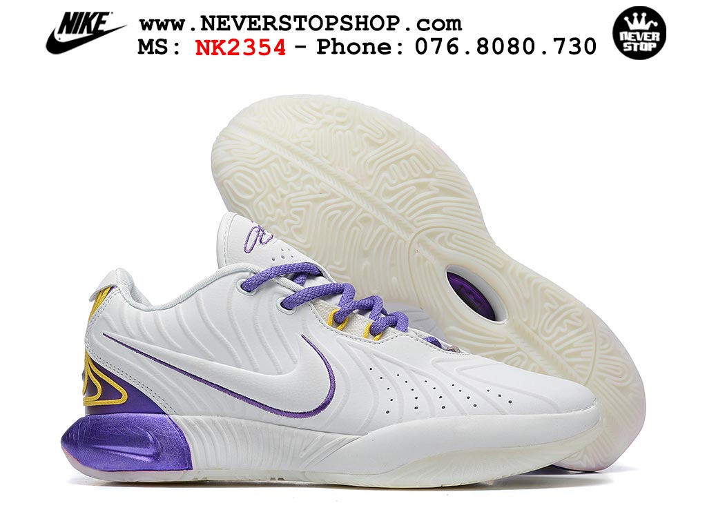 Giày bóng rổ nam Nike Lebron 21 Trắng Tím hàng đẹp siêu cấp like auth replica 1:1 giá rẻ tại NeverStop Sneaker Shop Quận 3 HCM