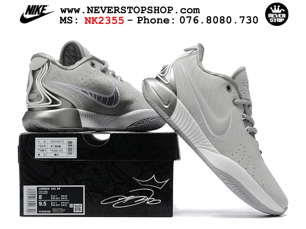 Giày bóng rổ nam Nike Lebron 21 Xám Trắng hàng đẹp siêu cấp like auth replica 1:1 giá rẻ tại NeverStop Sneaker Shop Quận 3 HCM
