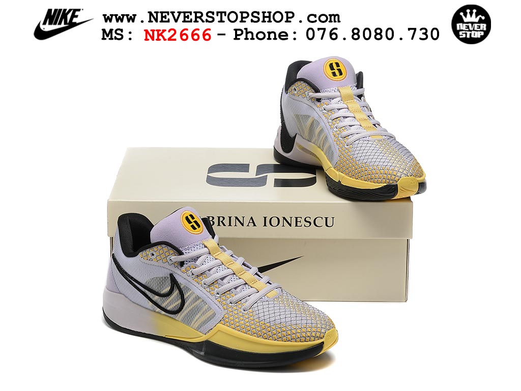 Giày bóng rổ outdoor Nike Sabrina 1 Tím Vàng hàng đẹp best batch quality replica 1:1 chính hãng giá rẻ tại NeverStop Sneaker Shop Hồ Chí Minh