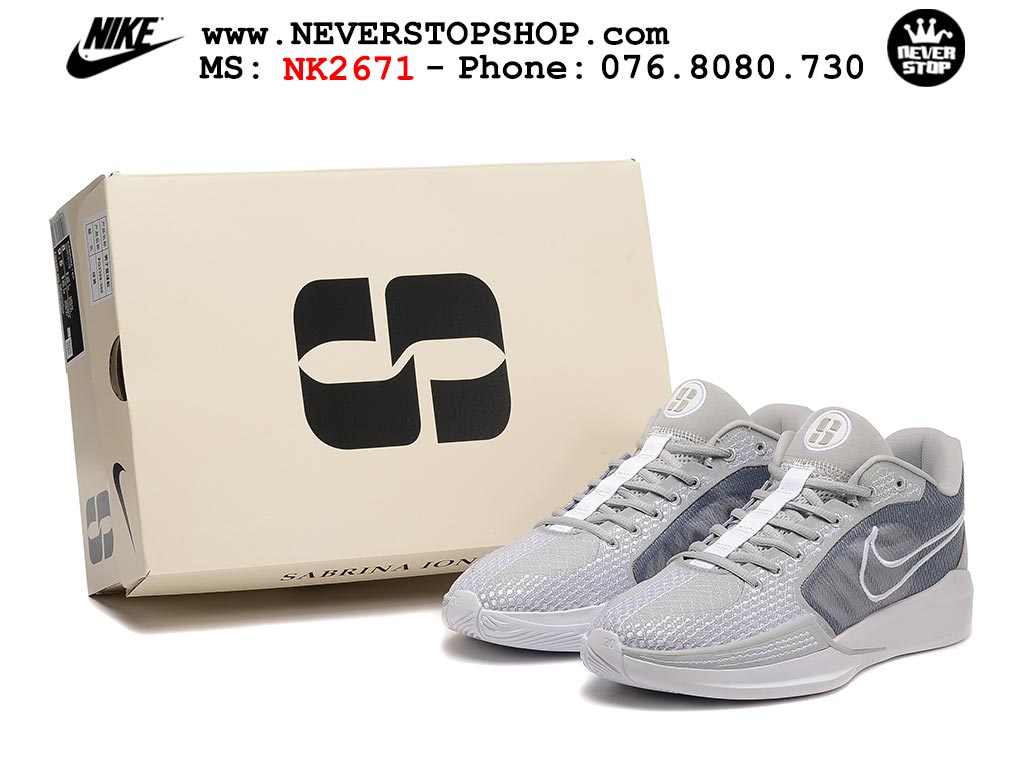 Giày bóng rổ outdoor Nike Sabrina 1 Xám Trắng hàng đẹp best batch quality replica 1:1 chính hãng giá rẻ tại NeverStop Sneaker Shop Hồ Chí Minh