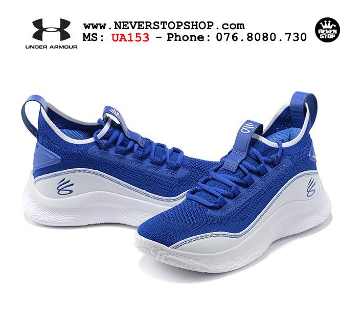 Giày bóng rổ Under Armour Curry 8 Xanh Trắng cổ cao hàng chuẩn sfake replica chuyên outdoor indoor giá tốt HCM
